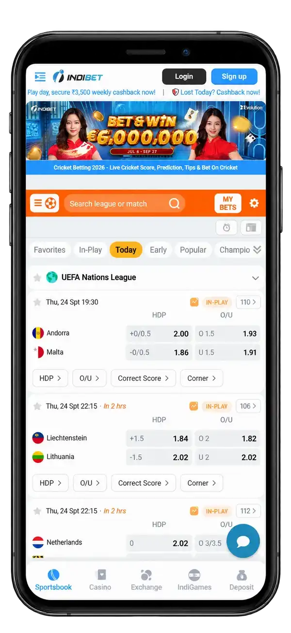 Indibet interface displayed on a smartphone